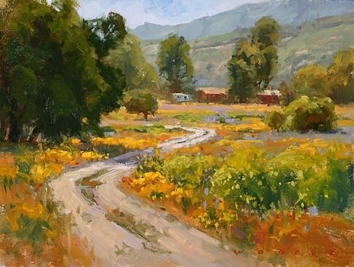Impressionist painting of a dirt road winding through a wildflower valley