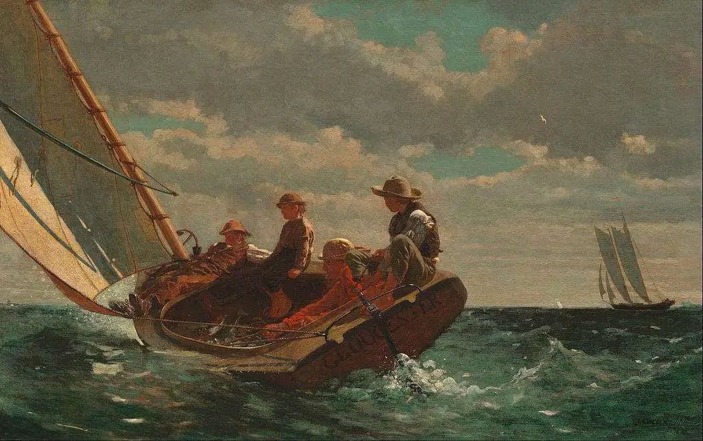 Winslow Homer painting of sailors in a boat on windy seas