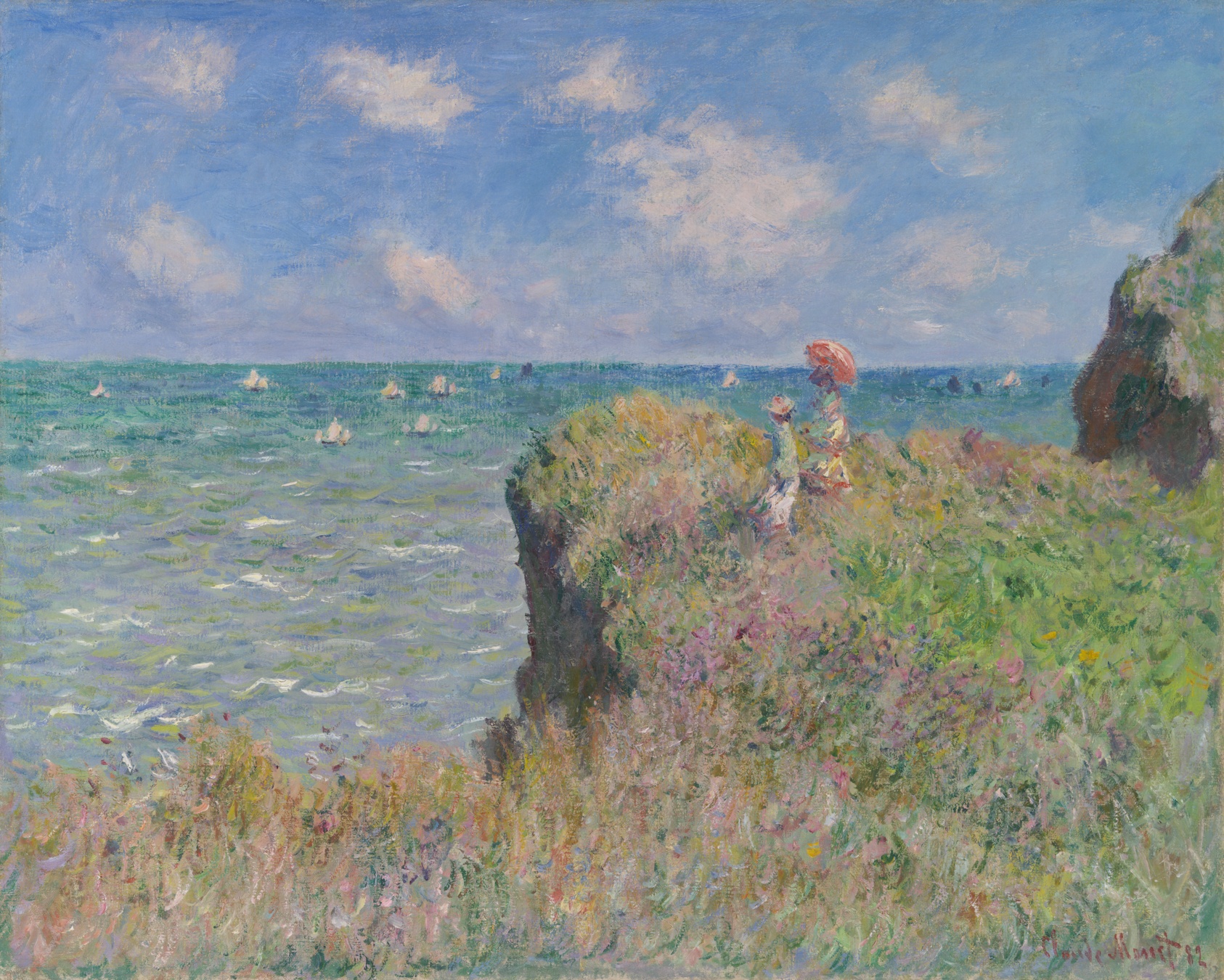 Claude Monet’s Cliff Walk at Pourville: two figures above a blue sea and windblown coastal grass