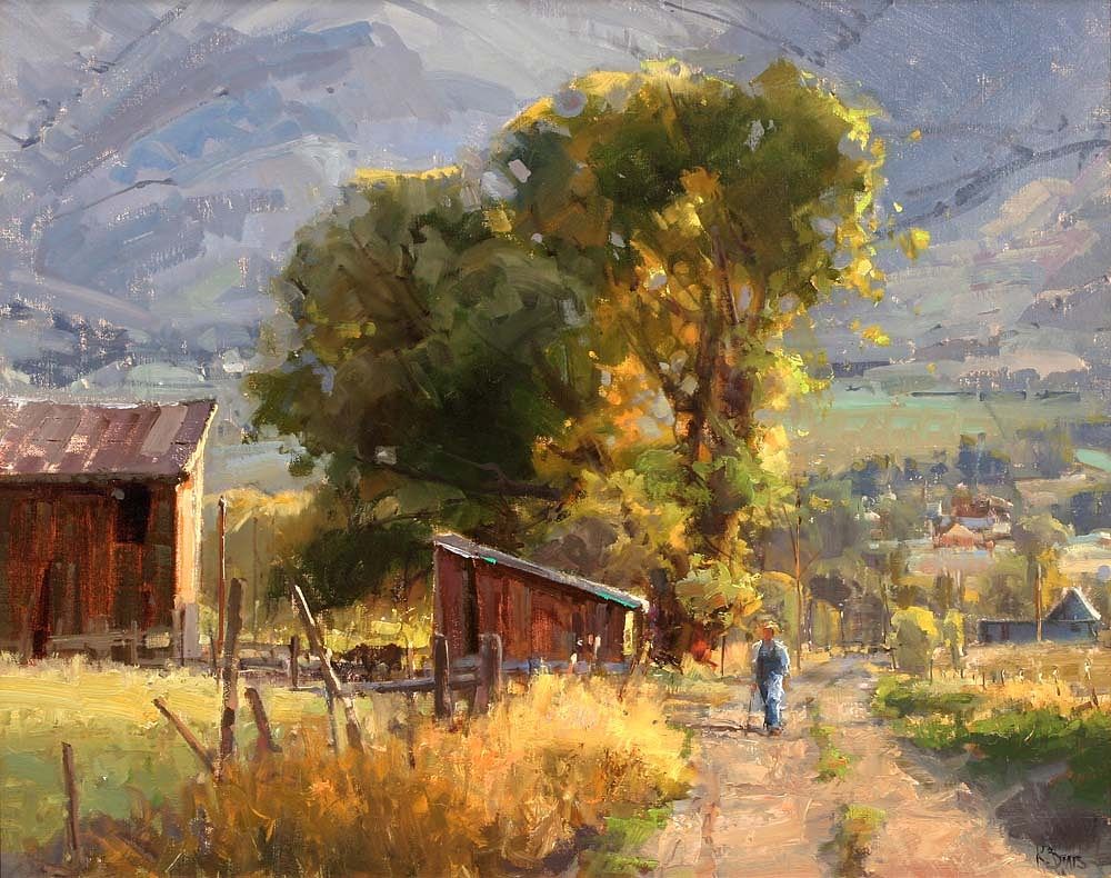 Impressionist painting of a farm road past a red barn and a sunlit tree