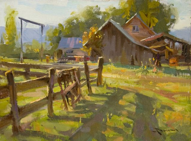 Impressionist painting of a weathered barn behind a split-rail fence