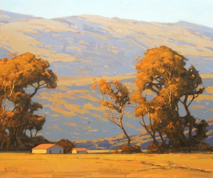 Painting of two golden oaks and a pair of small farm buildings below a sunlit hillside