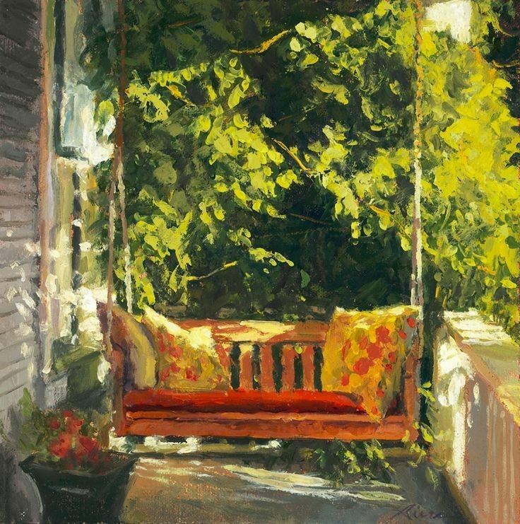 Classic painting of a sunlit porch swing