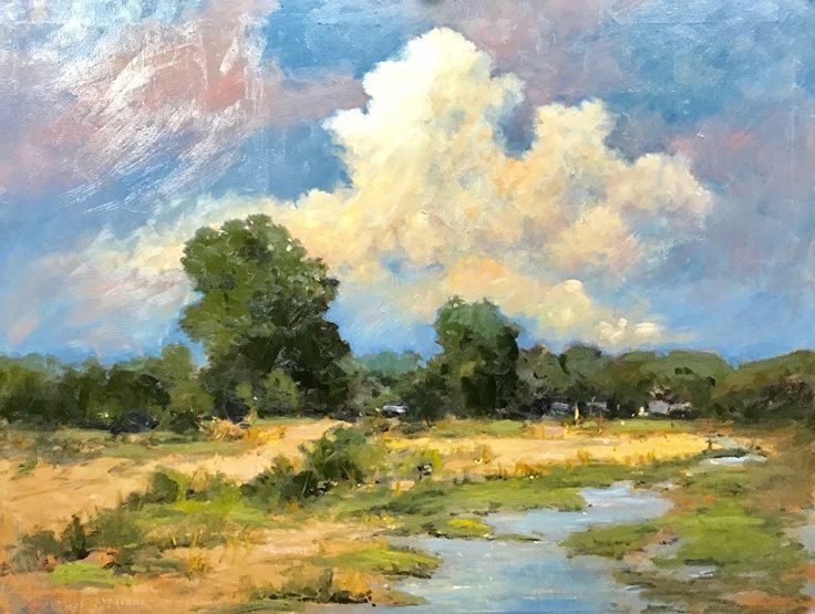 Classic landscape painting of open fields under cloud