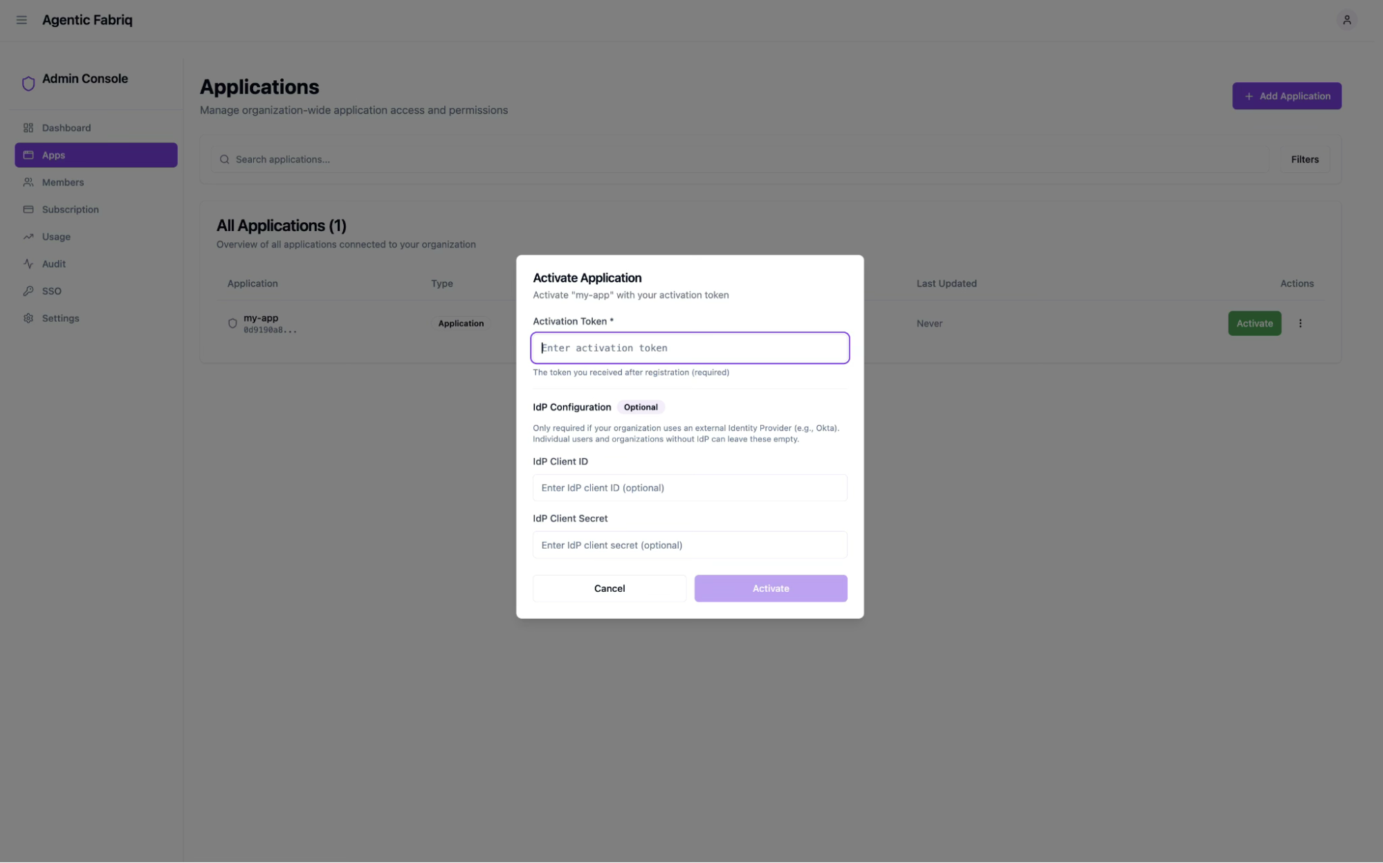 Activate app with token