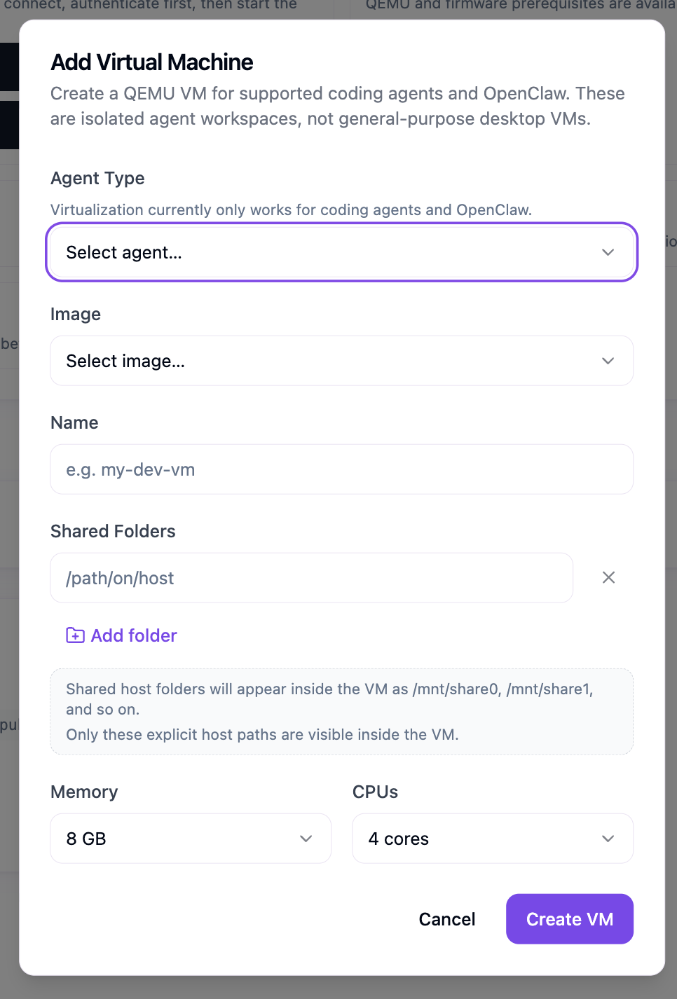 Add VM modal